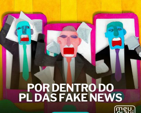 Ilustração de três políticos zangados, gritando. Cada um está dentro de um celular. Por Dentro do PL das Fake News. Coluna Dário Castro. Revista Meu Piauí.