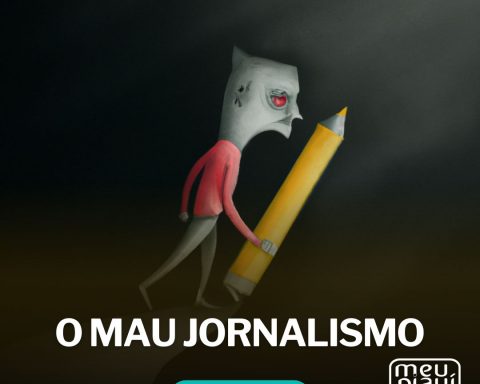 Ilustração de um homem com aspecto de zumbi carregando um lápis gigante na escuridão. O Mau Jornalismo. Coluna Dário Castro. Revista Meu Piauí.