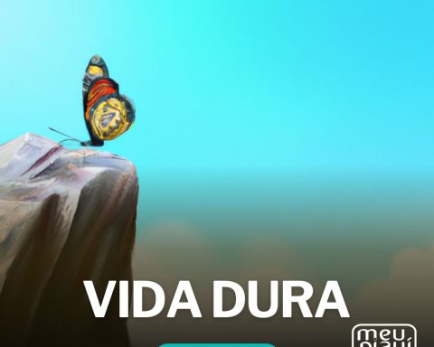 Ilustração de uma borboleta em cima de uma pedra, num penhasco com o céu de fundo. Vida Dura. Coluna Dário Castro. Revista Meu Piauí.