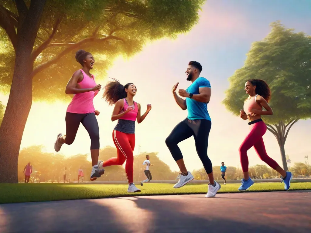 Descrição da imagem: Um grupo de amigos rindo e se exercitando juntos em um parque. Eles estão fazendo várias atividades como jogar frisbee, fazer poses de yoga e correr. As cores vibrantes de suas roupas de treino adicionam à atmosfera energética.