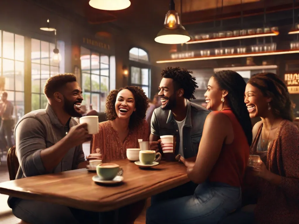 Uma imagem de uma pessoa sorridente segurando uma xícara de café, conversando com um grupo de adultos diversos na área externa de um café local, com a paisagem urbana vibrante da cidade ao fundo.