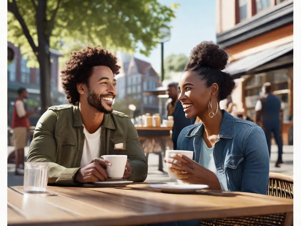 Uma imagem de uma pessoa sorridente segurando uma xícara de café, conversando com um grupo de adultos diversos na área externa de um café local, com a paisagem urbana vibrante da cidade ao fundo.