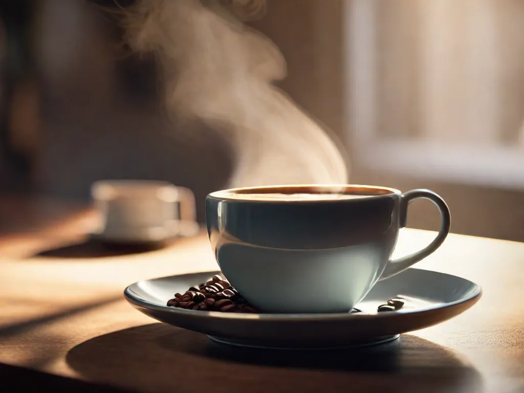 Descrição da imagem: Um close-up de uma xícara de café lindamente preparado, com vapor subindo dela. O café está em uma elegante caneca de cerâmica, e há um pequeno prato com alguns grãos de café ao lado. O fundo tem uma atmosfera suave e aconchegante, com um leve raio de sol entrando pela janela.