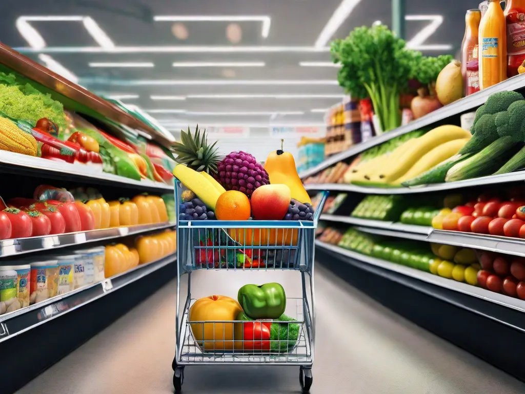 Descrição da imagem: Um carrinho de supermercado colorido cheio de vários itens, como frutas frescas, legumes, produtos enlatados e produtos para o lar. O carrinho está cercado por etiquetas de preço, representando as diferentes maneiras de economizar dinheiro no supermercado.