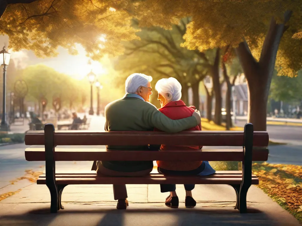 Descrição da imagem: Um casal na terceira idade sentado lado a lado em um banco de parque, segurando as mãos e sorrindo um para o outro. Seus rostos enrugados refletem uma vida inteira de amor e compromisso, simbolizando os segredos de um relacionamento romântico duradouro.