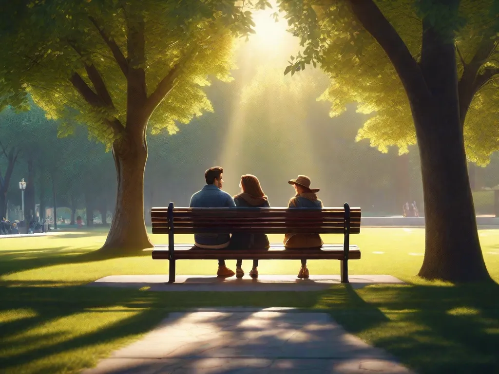Descrição da imagem: Um casal sentado em um banco de parque, de mãos dadas e sorrindo um para o outro. Eles estão cercados por folhas coloridas de outono, simbolizando as diferentes estações de seu relacionamento duradouro.