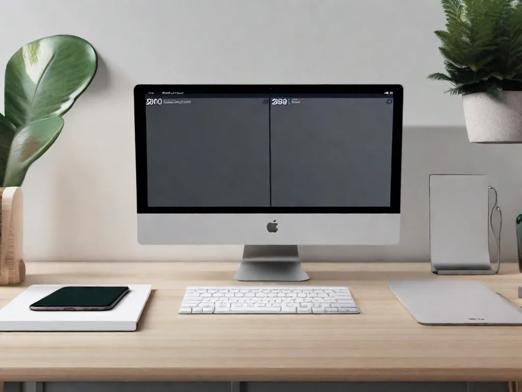Uma área de trabalho minimalista com pastas organizadas de forma ordenada e etiquetadas por categoria, um papel de parede limpo e um widget de calendário para organização. Um smartphone ao lado do computador exibe uma tela de aplicativos despoluída com aplicações agrupadas e notificações mínimas. Um par de fones de ouvido sem fio elegantes repousa ao lado dos dispositivos.
