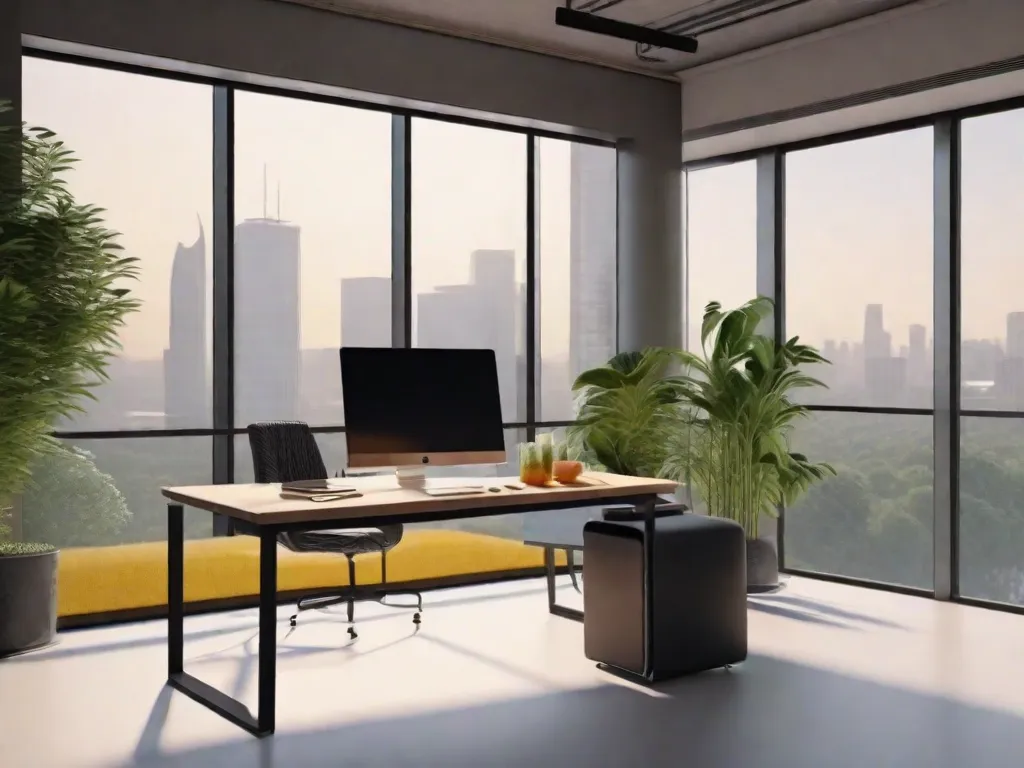 Um espaço de escritório minimalista com uma mesa de pé, cadeira ergonômica e uma grande janela com vista para o verde. Um vaso com planta está sobre a mesa, ao lado de um laptop, um copo de água e uma tigela de frutas.