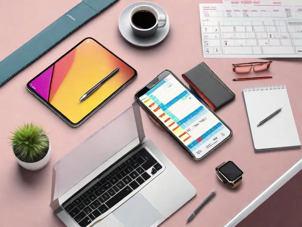 Uma escrivaninha minimalista com um laptop exibindo uma área de trabalho organizada, um calendário digital com tarefas codificadas por cores, um copo de canetas arrumadas de forma ordenada e um smartphone mostrando uma estrutura de pastas de aplicativos organizada. Ao lado do teclado, há um bloco de notas com uma lista de verificação, simbolizando uma organização digital eficiente.