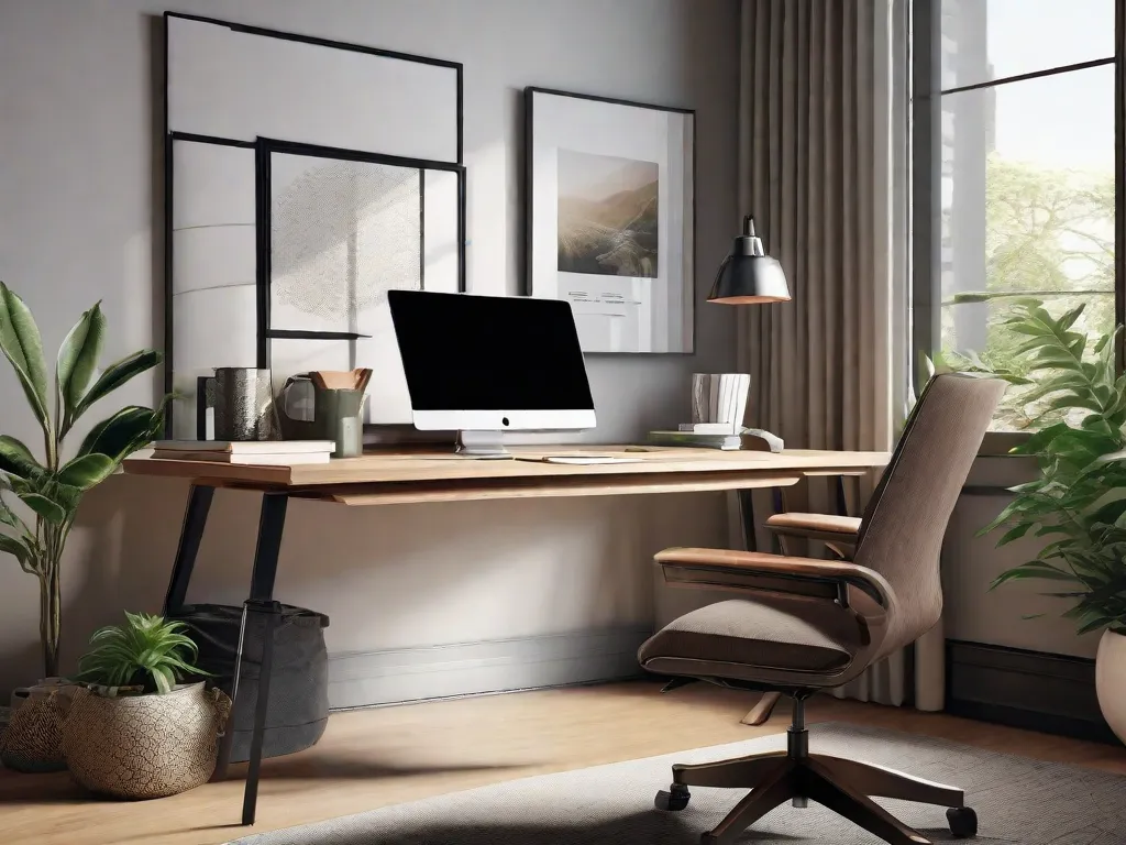 Descrição da imagem: Uma configuração moderna de escritório em casa com uma mesa elegante, uma cadeira ergonômica e um laptop. O ambiente é iluminado por luz natural de grandes janelas, criando uma atmosfera calma e produtiva. Uma xícara de café e uma planta em vaso adicionam um toque de calor ao espaço.
