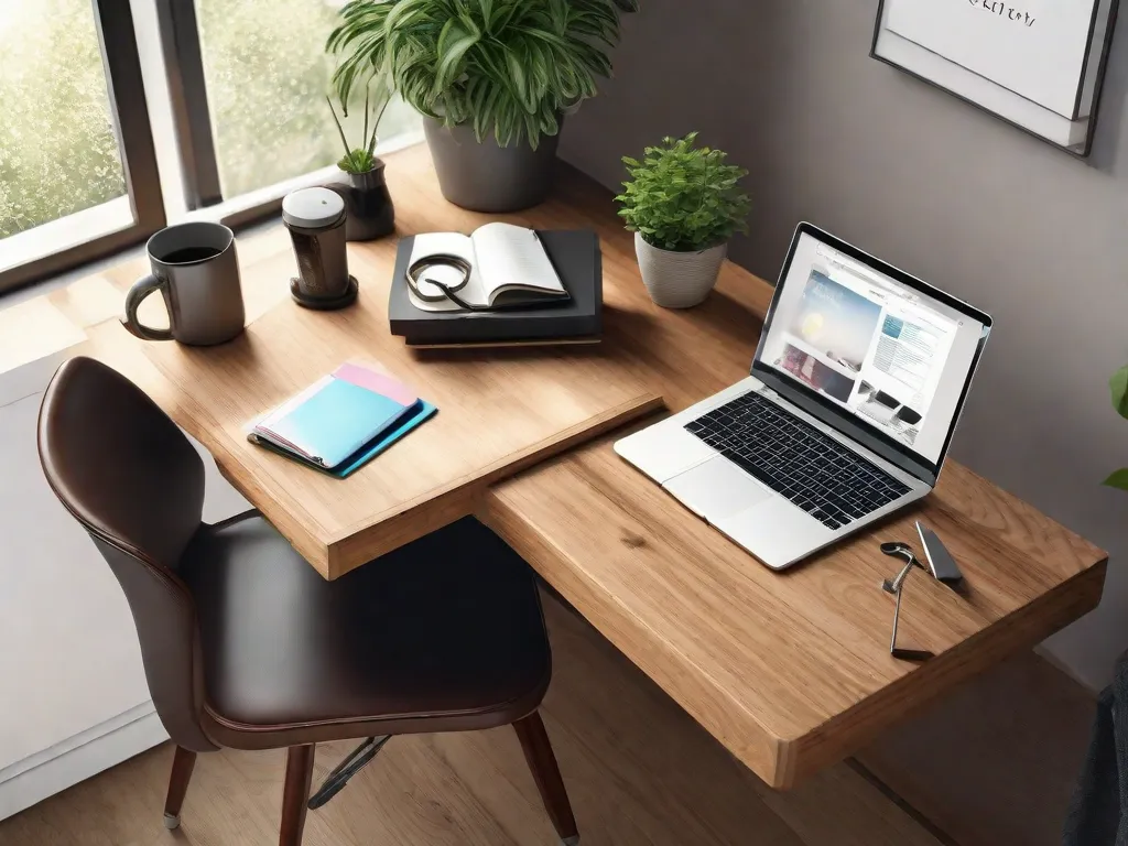 Uma foto de uma mesa organizada com um laptop, caderno e uma xícara de café. A mesa está iluminada por luz natural, criando uma atmosfera calma e focada. Um relógio na parede nos lembra da importância do gerenciamento do tempo para aumentar a produtividade.