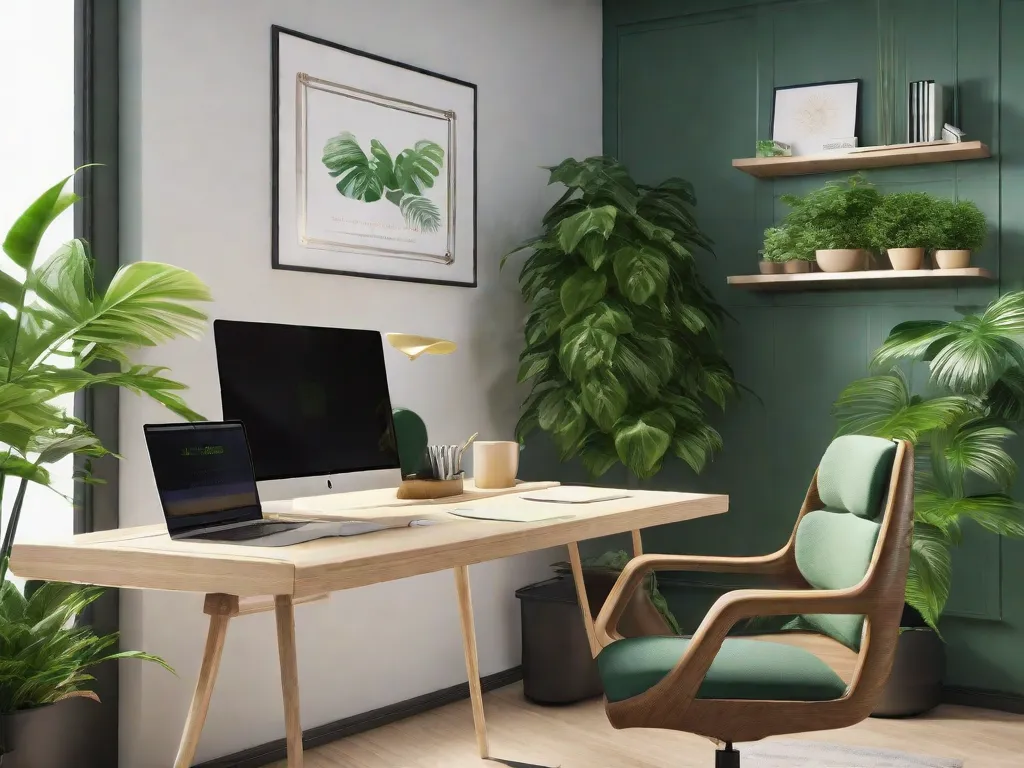 Um espaço de escritório sereno com bastante luz natural, móveis ergonômicos e plantas verdes. Uma mesa arrumada com uma cadeira confortável, um laptop, uma moldura com uma frase motivacional e uma tigela de frutas sugere um foco no bem-estar e na produtividade.