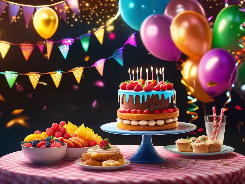 Uma mesa adornada com uma toalha de mesa colorida, uma variedade de deliciosos petiscos, um bolo de aniversário de dois andares no centro, cercado por confetes e balões em tons vibrantes. Ao fundo, luzes de corda adicionam um brilho acolhedor à atmosfera festiva.