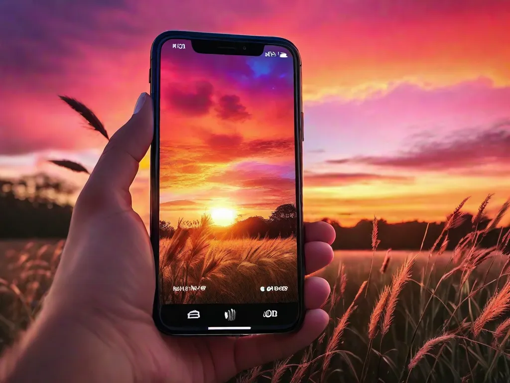 Um smartphone elegante segurado por uma mão contra um cenário urbano desfocado durante a hora dourada, capturando as tonalidades vibrantes do pôr do sol. A tela exibe a interface da câmera, focando no contorno pitoresco do horizonte.