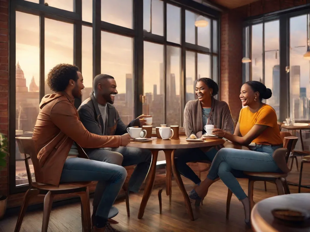 Uma imagem de um grupo alegre de adultos diversos sentados em uma cafeteria aconchegante, envolvidos em conversa e risadas, com xícaras de café sobre a mesa, e uma paisagem urbana visível através da grande janela atrás deles.