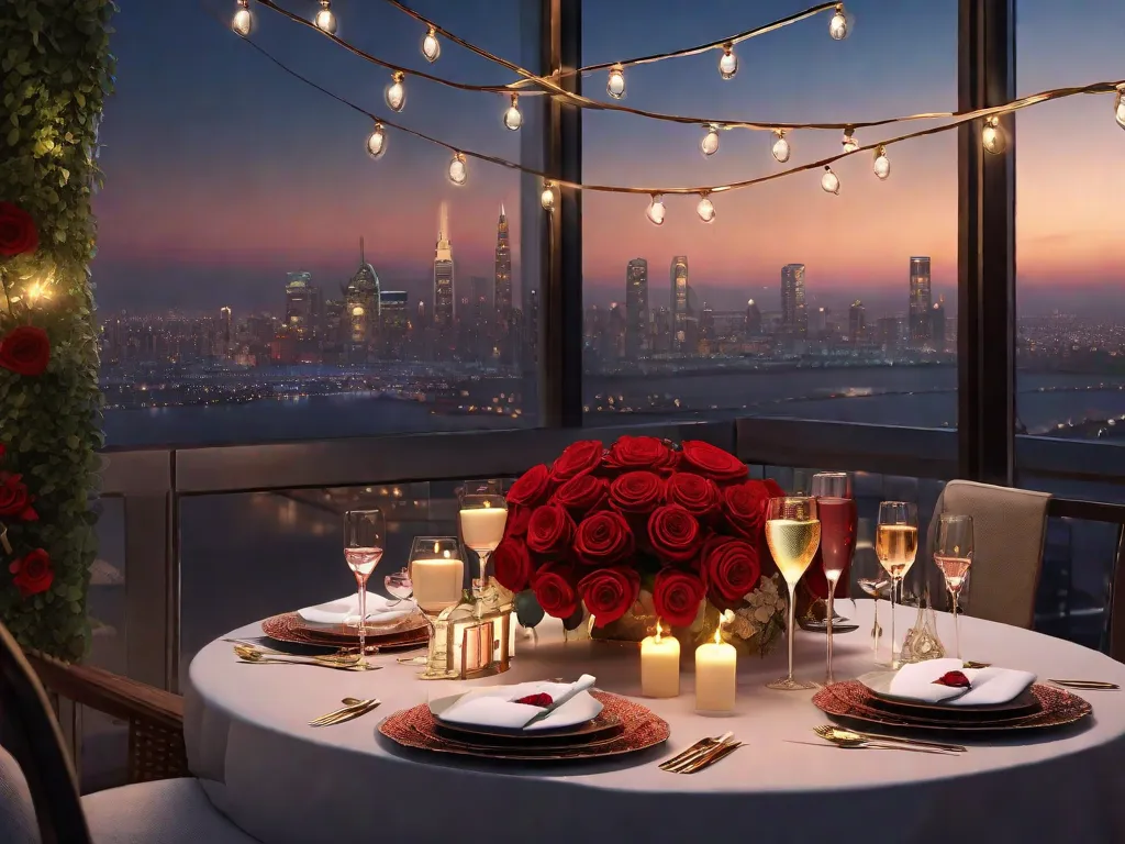 Um jantar à luz de velas organizado em um terraço com vista para o horizonte da cidade ao entardecer, com uma mesa adornada com rosas vermelhas, porcelana fina e uma garrafa de champanhe. Duas cadeiras elegantes aguardam um casal sob uma sequência de luzes cintilantes.