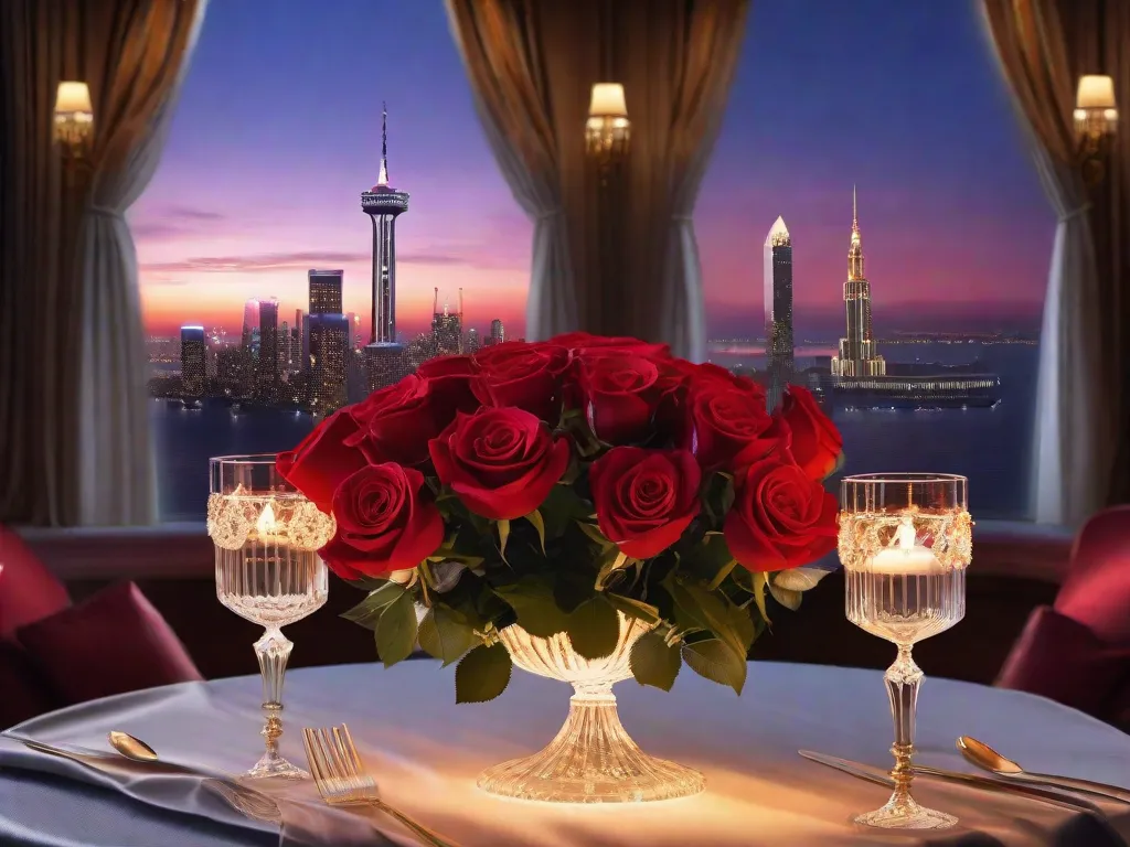 Uma mesa para dois à luz de velas, adornada com um arranjo central de rosa vermelha, fina porcelana branca e taças de cristal cintilando sob o brilho suave de um lustre. Ao fundo, uma vista serena do horizonte da cidade ao crepúsculo acrescenta um toque de encanto urbano.