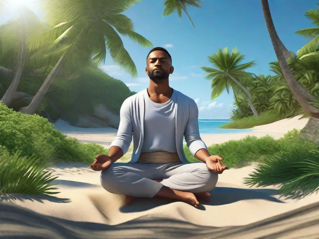 Uma imagem serena de uma pessoa sentada de pernas cruzadas em uma praia, cercada por vegetação exuberante e um céu azul claro. Ela está meditando pacificamente, enfatizando a importância da atenção plena e do autocuidado para o bem-estar mental.