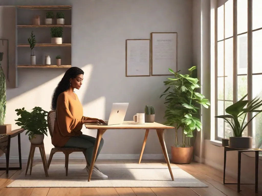 Descrição da imagem: Uma mulher sentada em um escritório caseiro aconchegante, rodeada de plantas e luz natural. Ela está usando um laptop e tem uma xícara de café ao lado dela. O ambiente é lindamente decorado com um estilo minimalista, criando um ambiente de trabalho tranquilo e inspirador.