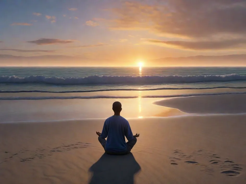 Uma imagem serena mostrando um único adulto sentado com as pernas cruzadas em uma praia tranquila ao amanhecer, mãos repousando sobre os joelhos em posição de mudra, com o sol da manhã cedo lançando um brilho quente sobre o horizonte, refletindo nas águas calmas do oceano.