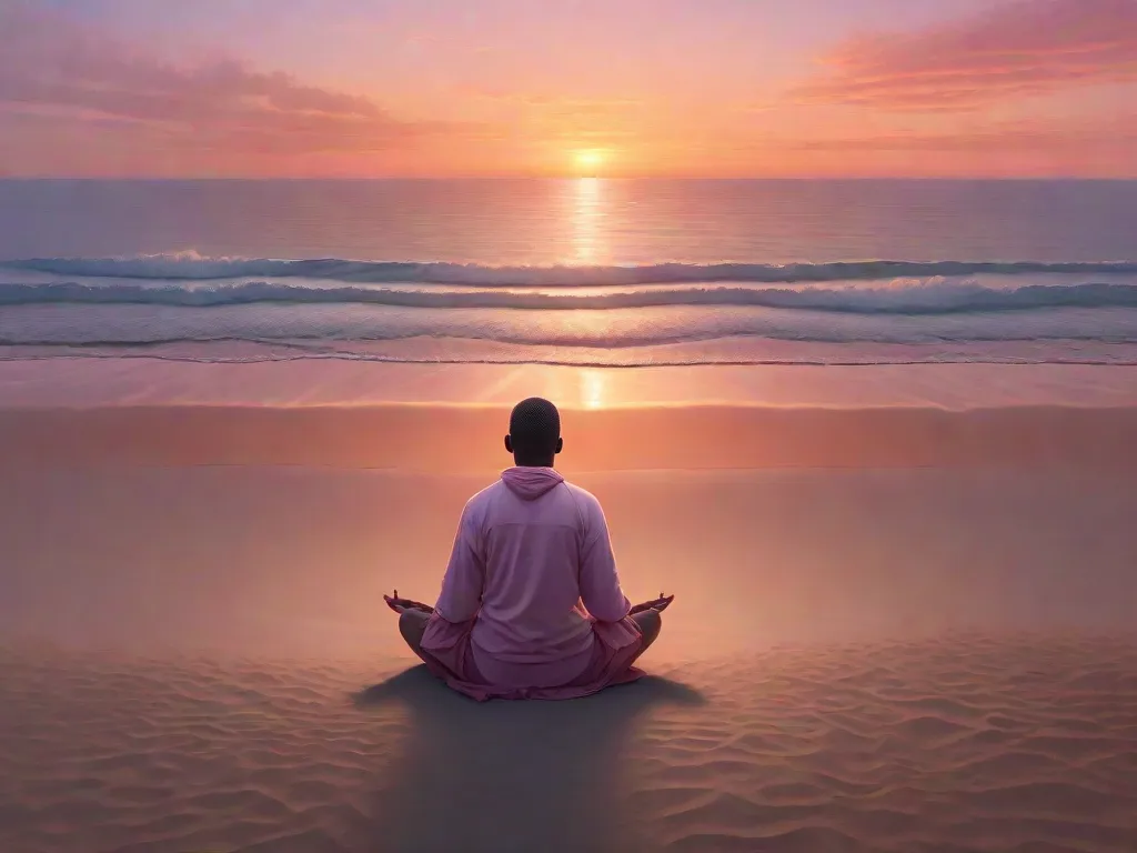 Uma imagem serena de uma pessoa sentada de pernas cruzadas em uma praia arenosa ao amanhecer, com as mãos repousando gentilmente sobre os joelhos, palmas voltadas para cima. O horizonte está pintado com tons suaves de laranja e rosa, enquanto o oceano calmo reflete o céu que desperta.