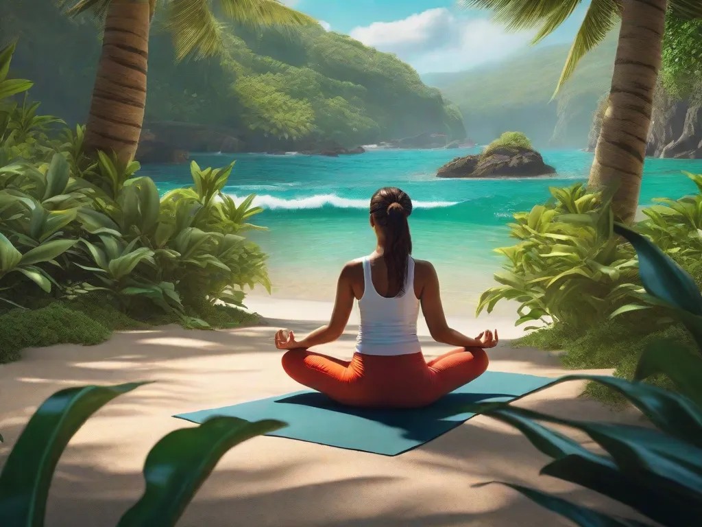 Descrição da imagem: Uma cena serena de praia com uma pessoa praticando yoga em um tapete de yoga. A pessoa está cercada por vegetação exuberante e pelo som das ondas quebrando. A imagem representa a importância do autocuidado e da atenção plena na melhoria da saúde mental.