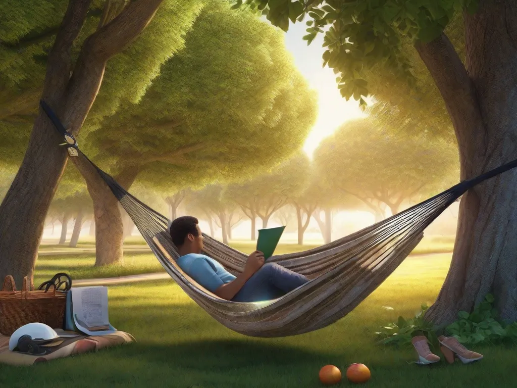 Uma rede estendida entre duas árvores, com uma pessoa relaxada lendo um livro. Por perto, uma cesta de piquenique repousa sobre uma manta, com um quebra-cabeça pela metade ao lado. Ao fundo, uma bicicleta encostada em uma árvore, sugerindo que um passeio tranquilo aconteceu.