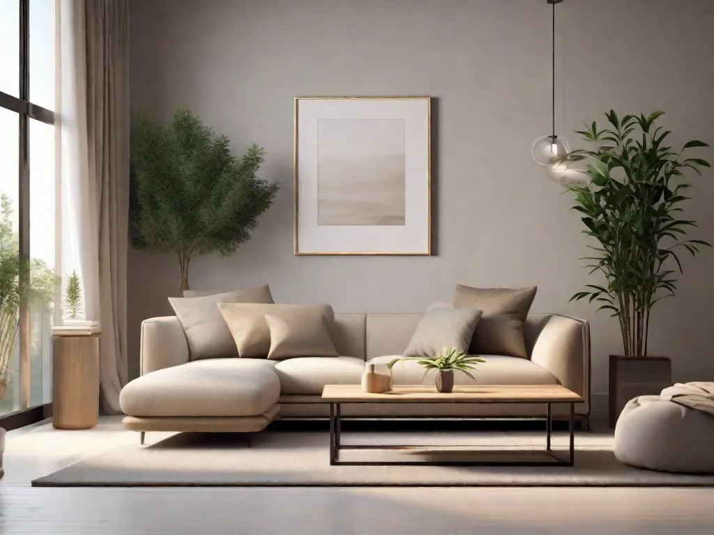 Uma sala de estar minimalista com uma paleta de cores neutras, apresentando um sofá branco simples com almofadas cinzas suaves, uma planta de bambu no canto e um pequeno jardim zen cheio de areia sobre a mesa de centro. A luz do sol filtra suavemente através das cortinas brancas transparentes.