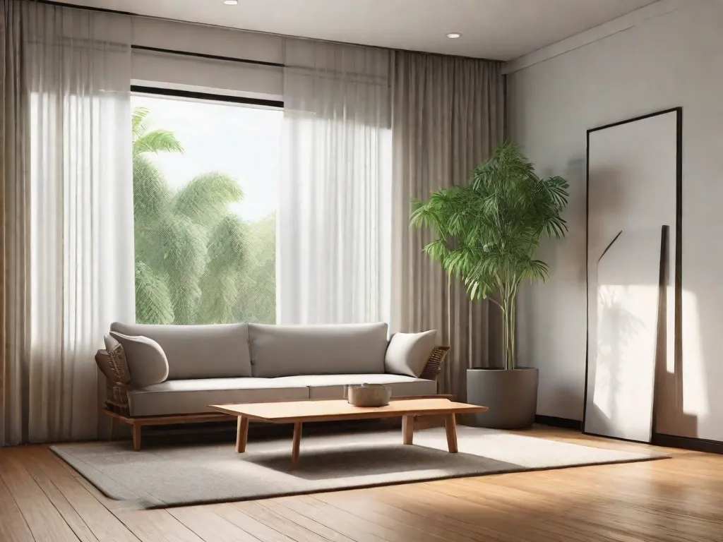 Uma sala de estar minimalista com um sofá de perfil baixo em cores neutras, tapetes de bambu no chão, uma única planta frondosa em um canto e uma pequena fonte de água serena em uma mesa lateral de madeira. Uma luz natural suave filtra através de cortinas brancas transparentes, criando um ambiente calmante.