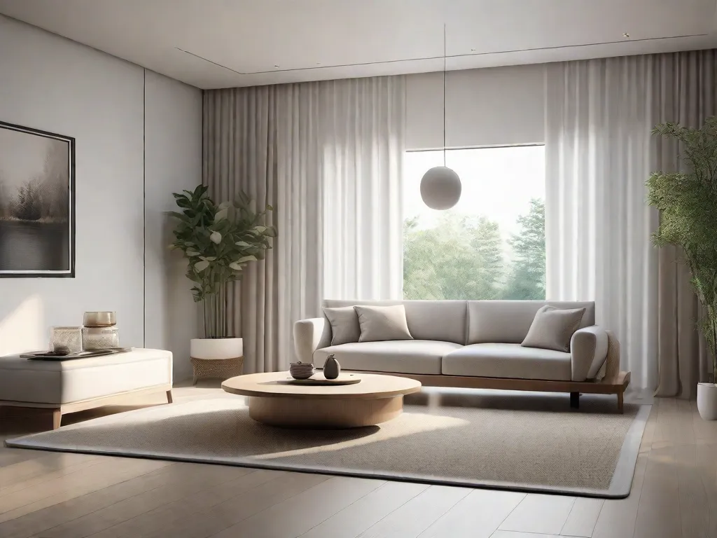 Uma sala de estar minimalista com uma paleta de cores neutras, apresentando um sofá branco simples com almofadas cinza claras, uma planta de bambu no canto, um pequeno jardim Zen de areia sobre a mesa de centro e uma luz natural suave filtrando através de cortinas brancas translúcidas.