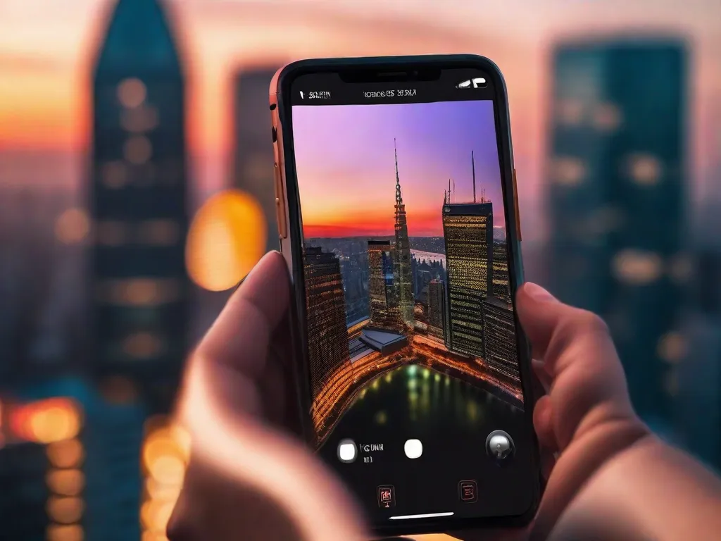 Um smartphone elegante segurado por uma mão contra um cenário urbano desfocado durante a hora dourada, capturando as tonalidades vibrantes do pôr do sol. A tela exibe a interface da câmera, focando no contorno pitoresco do horizonte.