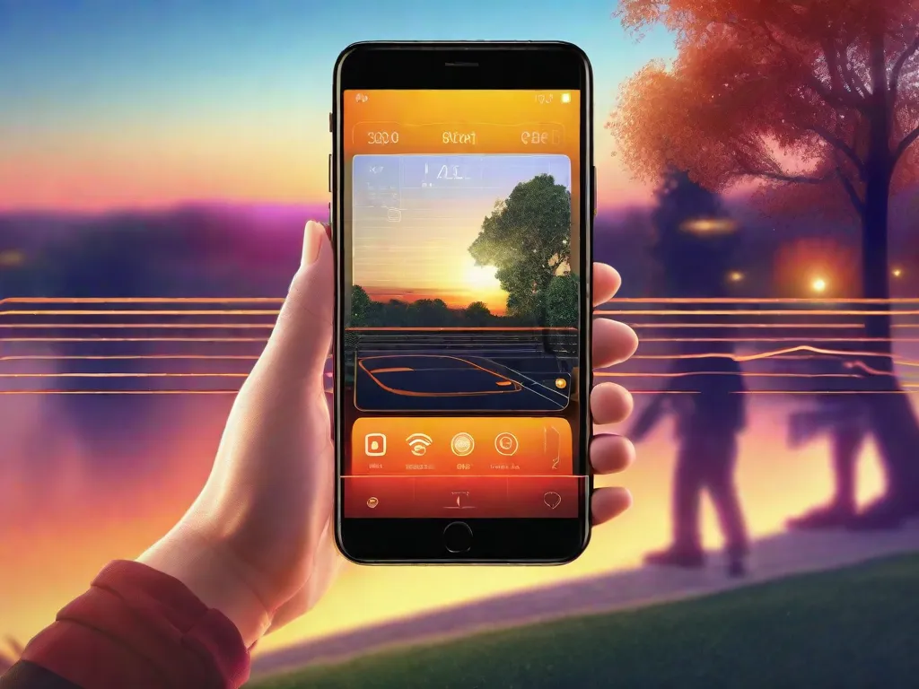 Um close-up de um smartphone segurado pelas mãos de um adulto, sua tela exibindo a interface de um aplicativo de câmera com linhas de grade ativadas. O telefone está inclinado em direção a um pôr do sol vibrante com silhuetas de árvores, capturando a luz da hora dourada.