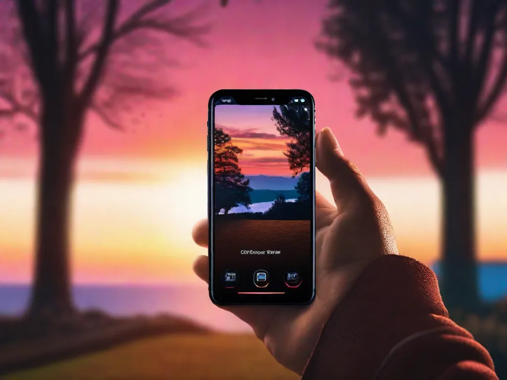 Um close-up de um smartphone segurado por mãos com o aplicativo de câmera aberto, focando em um pôr do sol vibrante com árvores silhuetadas ao fundo, demonstrando a composição pela regra dos terços.