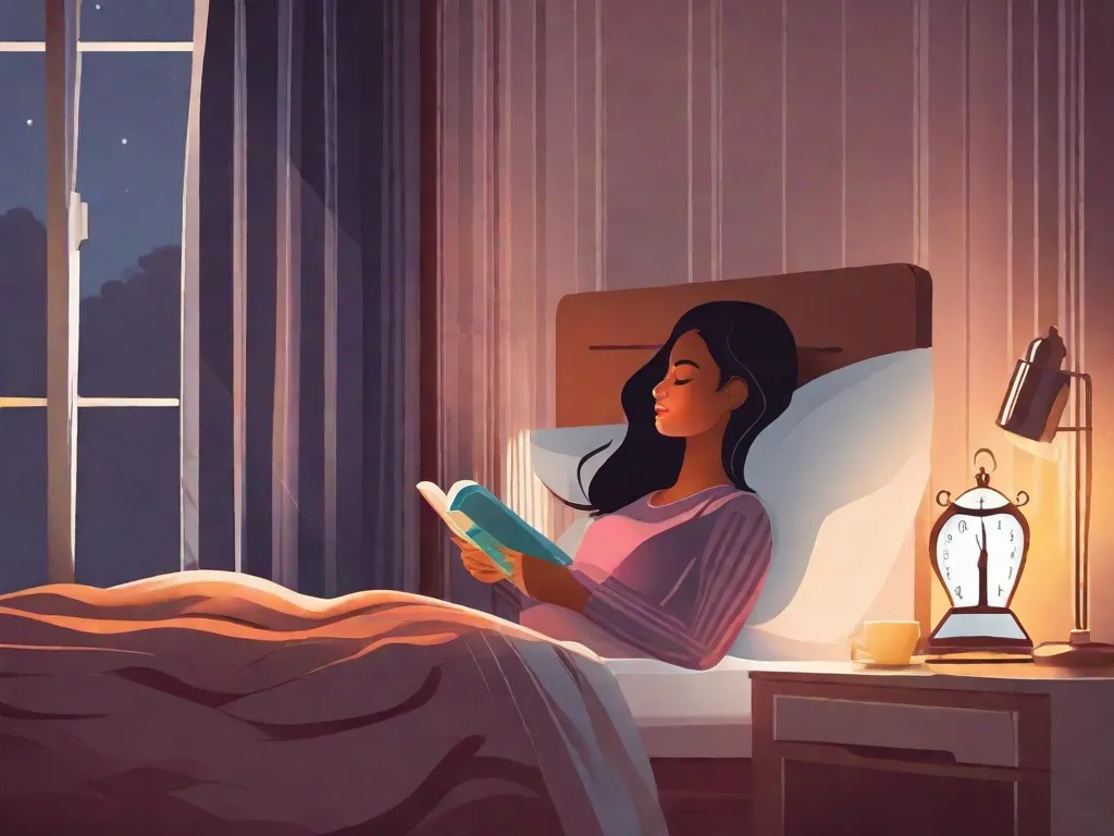 Descrição da imagem: Uma mulher dormindo tranquilamente em uma cama aconchegante, com a suave luz da manhã espreitando pelas cortinas. Ao lado dela, um despertador está configurado para acordar cedo. Na mesinha de cabeceira, há uma xícara de café e um livro intitulado 