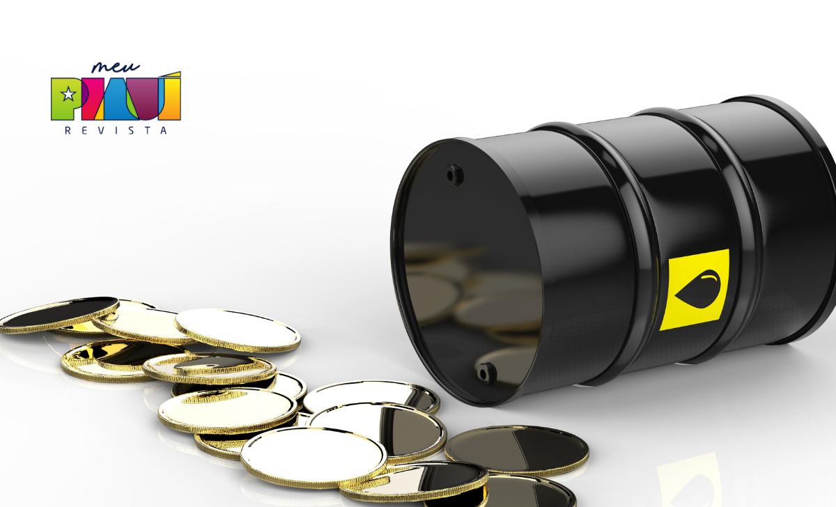 imagem de um barril de petróleo com moedas na frente simbolizando queda no preço do combustível