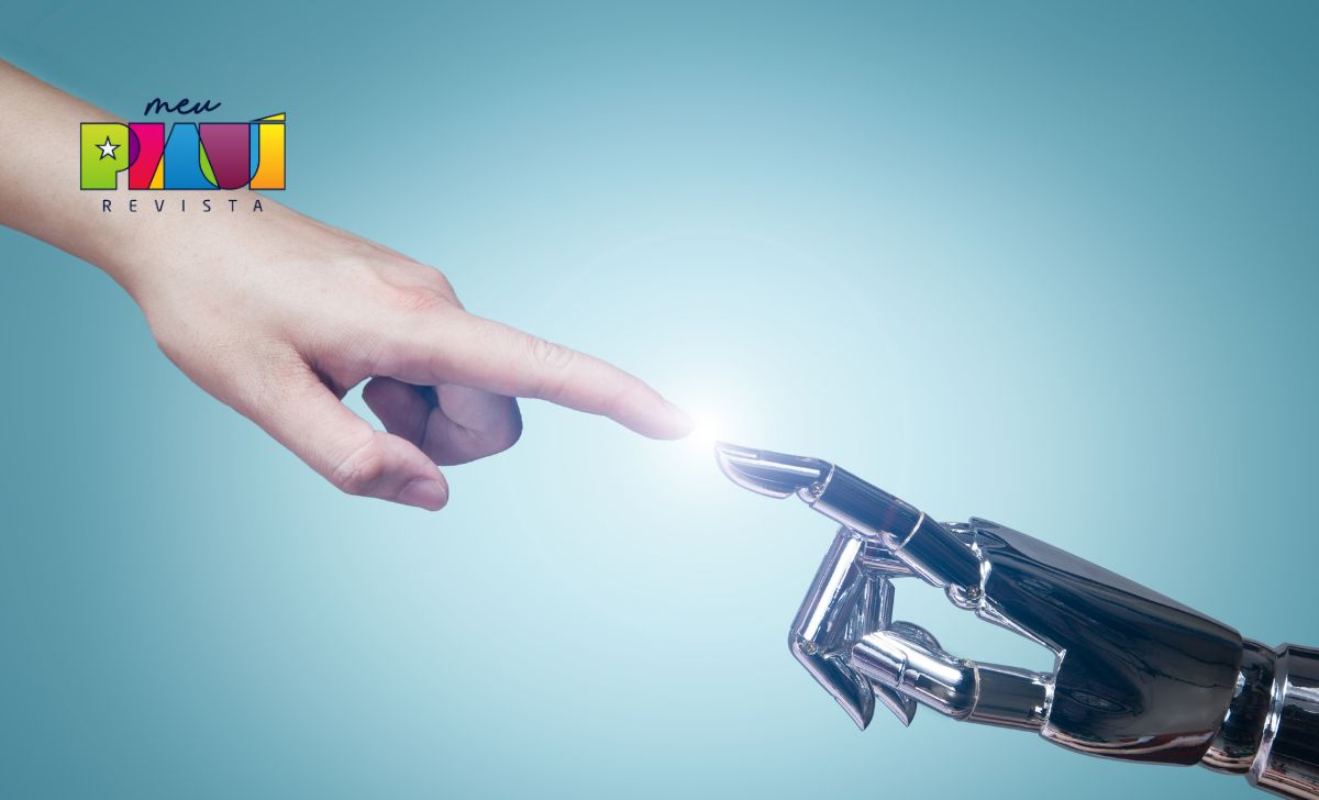 Foto de mão humana tocando mão de robô
